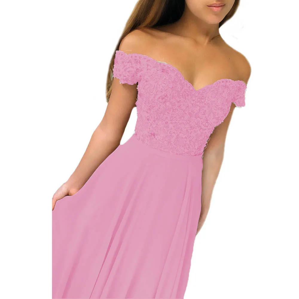 HONGFUYU шифоновые длинные с открытым плечом платья, аппликации из кружева Элегантный трапециевидный халат de soiree вечерние платья, платья для торжества для женщин - Color: Pink