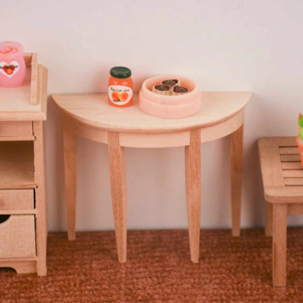 1/12 Scale Wooden Unpainted Semicircle Table Model for Dollhouse