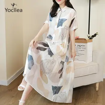 

Large size Loose print dress 2 Pieces set female 2020 Summer shirt Dress OL elegant fashion Long dress women's set