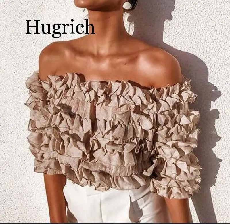 

2020 Off Shoulder Lace Petal Floral Blouse Shirts Womnen Three Quarter Lantern Sleeve Slash Neck Blouses blusas mujer de moda