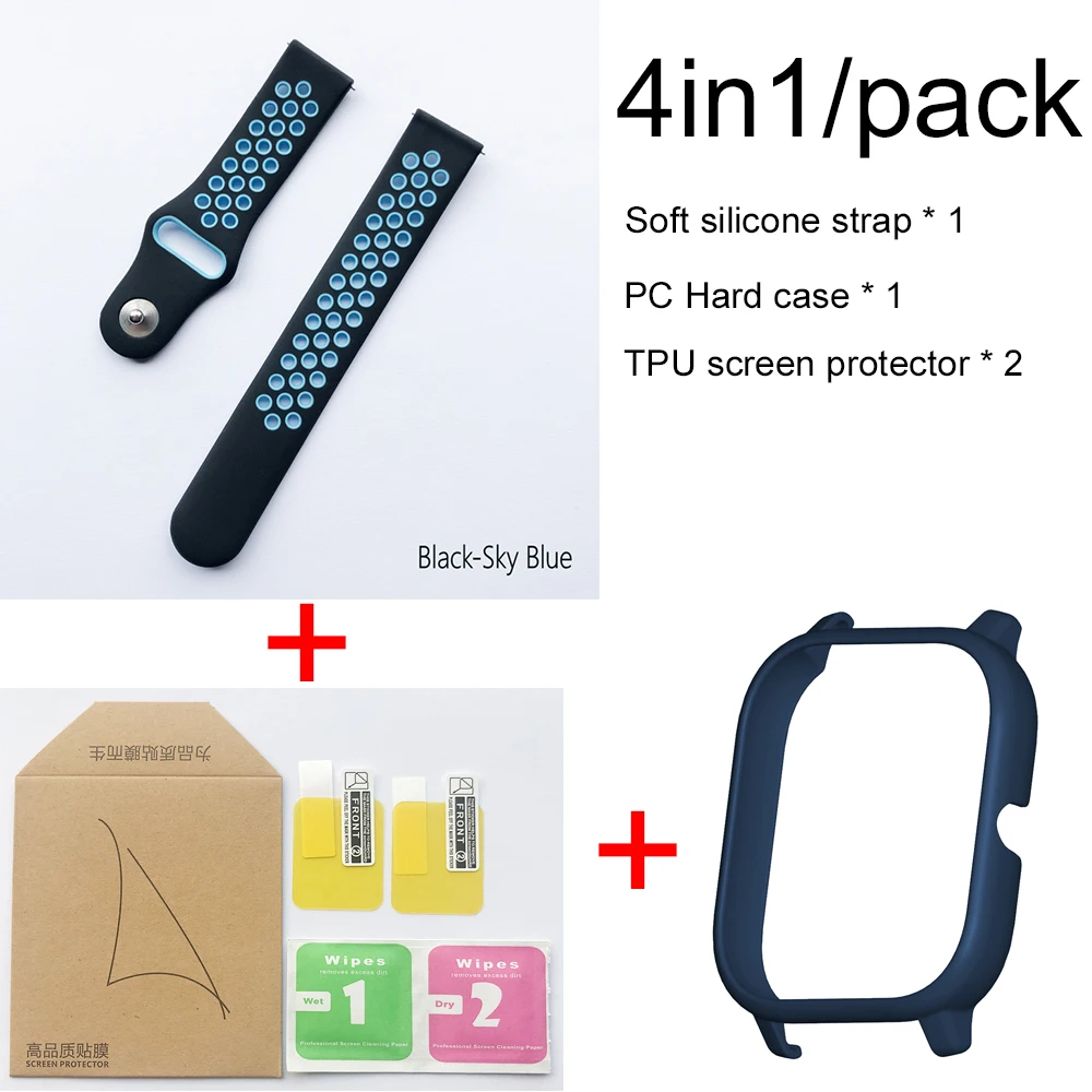 black skyblue-blue 4в1 для Xiaomi Huami Amazfit GTS спортивный силиконовый ремешок для часов Ремешок Браслет с PC чехол Защита экрана - Color: black skyblue-blue