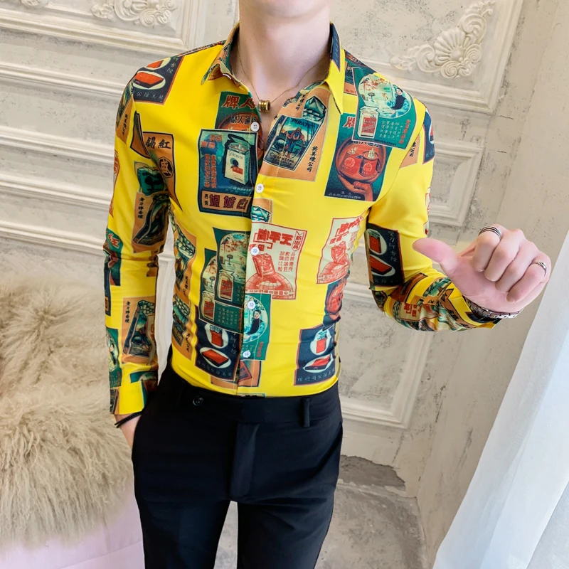 yellow Camisas Hombre Algodon, рубашка с цветочным принтом, британский стиль, рубашка для мужчин, модная, осенняя, черная, желтая, мужская, самосовершенствование, рубашка с длинным рукавом - Цвет: yellow