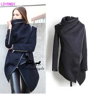 

2019 autumn and winter new European and American women's fashion high collar long sleeve color matching irregular Slim wool coat