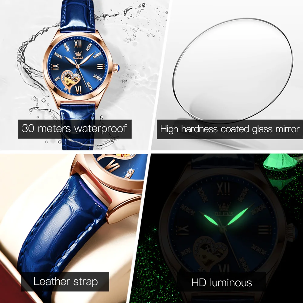 Women's Automatic Mechanical Watches Luxury Brand Fashion Ladies Watch Luminous Waterproof Female Clock Hollow Heart Shape Desig