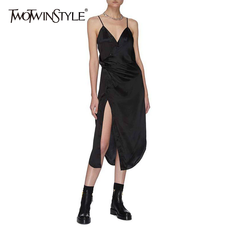 TWOTWINSTYLE Ruched Backless Women's Spaghetti Strap Dress V Neck Sleeveless High Waist Split Sexy Dresses For Female 2020 New TWOTWINSTYLE Ruched Backless Women's Spaghetti Strap Dress V Neck Sleeveless High Waist Split Sexy Dresses For Female 2020 New