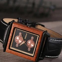 REDEAR Reloj de pulsera cuadrado de madera para hombre, cronógrafo informal de cuarzo con correa de Corium, resistente al agua