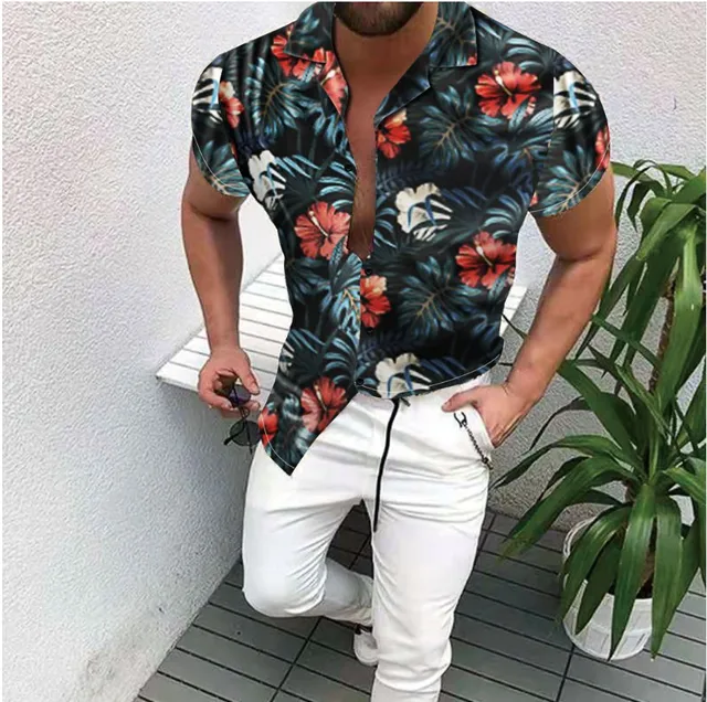 Fashion Nation Style Summer Man's Shirt 3D Printing Stand Collar Single-Breasted Short Sleeve Loose Hawaiian Henley Casual Shirt Short Black Green