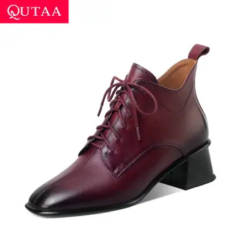 

QUTAA 2021 Square Toe Cow Leather Quality Ankle Boots Autumn Winter Lace Up Women Shoes Square High Heel Short Boots Size 34-41
