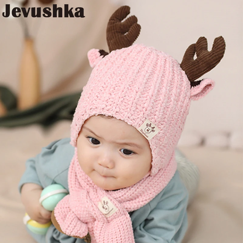 Рождественский подарок, детская зимняя шапка, шарф, комплект для маленьких мальчиков и девочек, вязаная шапочка, шапка с рождественскими ушками лося, теплая флисовая подкладка для детей - Цвет: pink