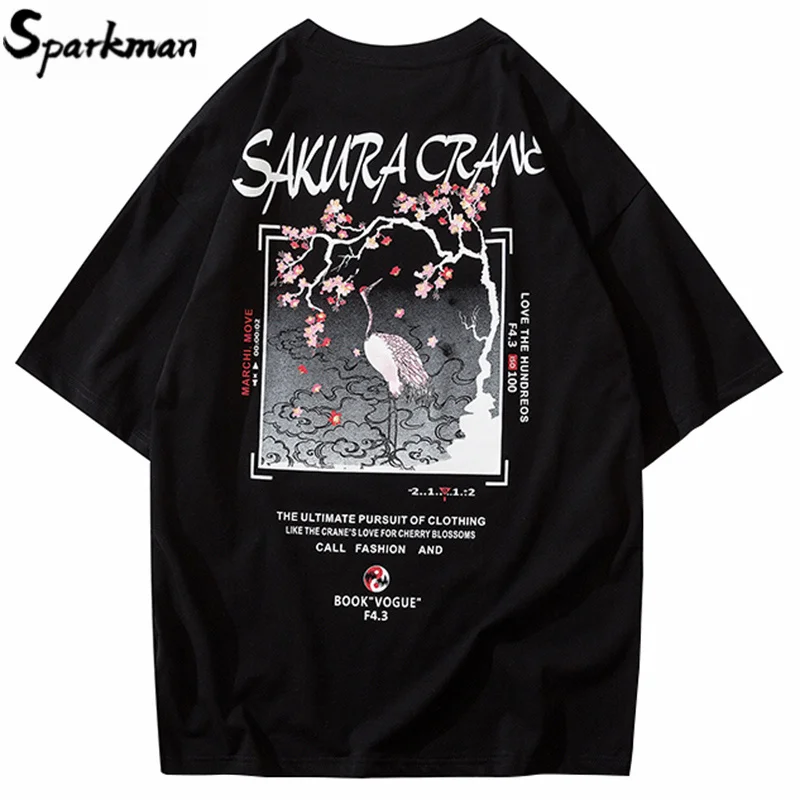 Футболка мужская хип-хоп Японская уличная одежда Harajuku Sakura Crane футболка с коротким рукавом Хлопок Япония уличная одежда футболка мода