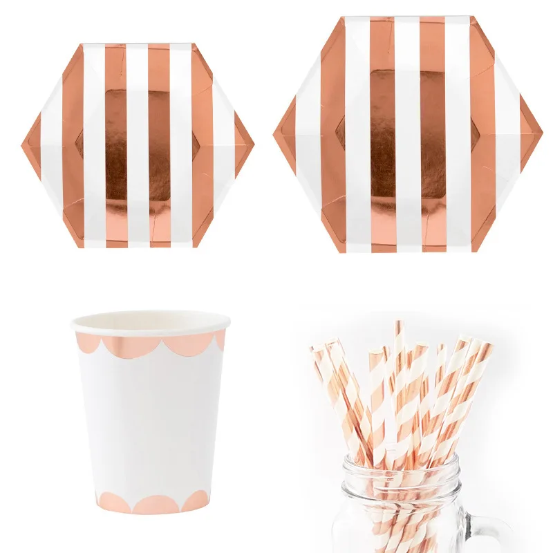 

49Pcs/set Rose gold Stripe Disposable Party Birthday Tableware Sets Paper Plates Cups Straw Wedding Baby Shower Party Decorates