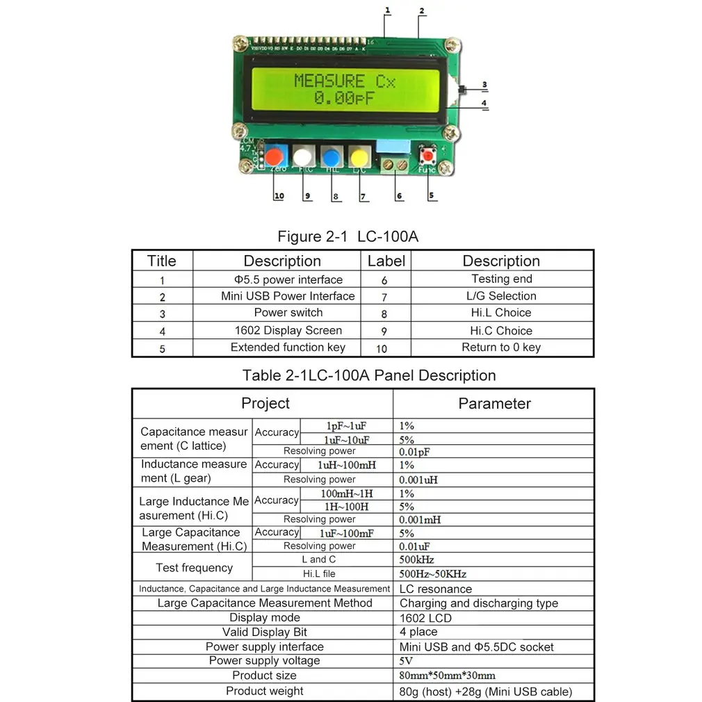 LC100A цифровой ЖК-дисплей емкость LC метр Индуктивный тестер индуктивности конденсатор Таблица 1pF-100mF 1uH-100H