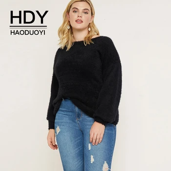 

HDY Haoduoyi 2019 New Fashion Autumn V-neck Large Backless Solid Pleated Lantern Sleeves Knit Long-sleeved Large Size Sweater