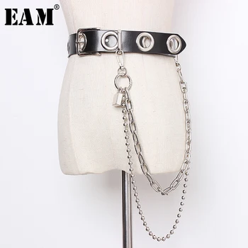 

[EAM] Pu Leather Black Buckle Split Hollow Out Chain Wide Belt Personality Women New Fashion Tide All-match Spring 2020 1N943