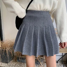Зимняя Повседневная Женская плиссированная юбка трапециевидной формы в стиле ампир, милая винтажная однотонная мини-юбка с высокой талией, модная Офисная Женская юбка выше колена