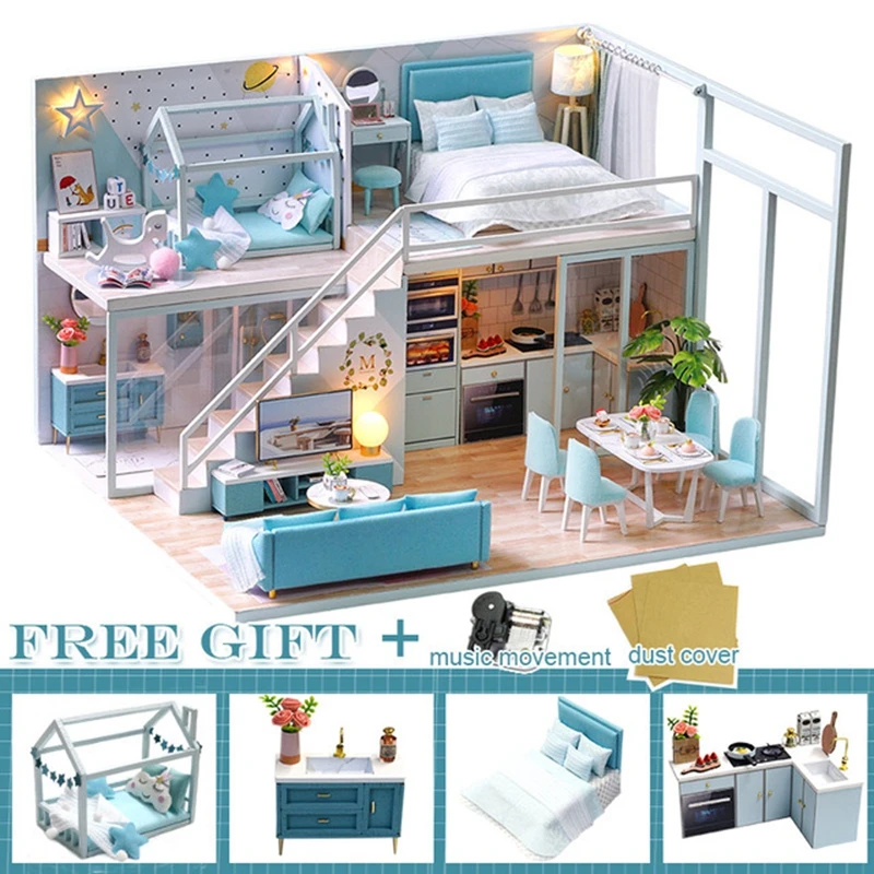 DIY DollHouse with Dust Cover Doll House Miniature Dollhouse Furniture Toys for Children New Year Christmas Gift Casa tc2 - Цвет: L28C 76.4