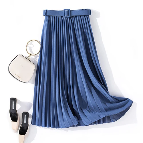blue PEONFLY, корейский стиль, мода, Весенние длинные плиссированные юбки для женщин с поясом, трапециевидная юбка с высокой талией, женская синяя юбка - Цвет: blue