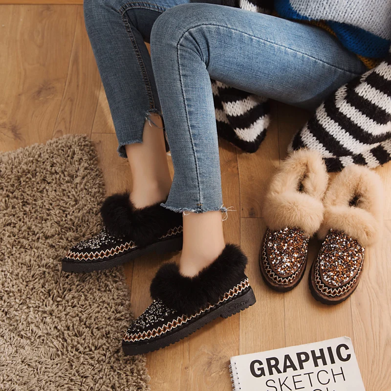 

Flat Bottom Women Shoes Plus Velvet Lazy Shoes 2019 Autumn and Winter New Rhinestone Peas Shoes Women's Shoes Black Khaki 35-39