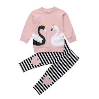 

Kids Baby Girl Swan Long Sleeve Tops T shirt+Striped Pants Leggings 2Pcs Suit Pajamas Cute Girl Clothing