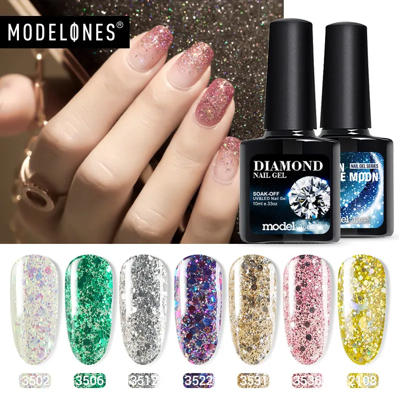 

Modelones Diamond Glitter UV Nail Polish Long Lasting Nail Art Hybrid Gel Semi Permanent Sequins UV Gel Nail Enamel
