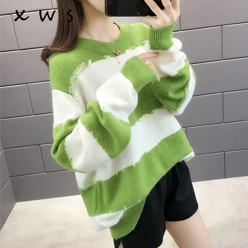 oversize women sweater autumn winter thick warm kint pullover long sleeve o neck loose casual striped jumper | Женская одежда