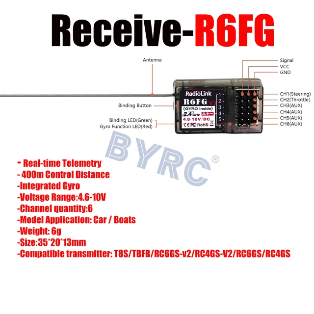 Radiolink RC6GS V2 2.4G 6 Channel Radio Transmitter And Receiver R7FG with Gyro Remote Controller for RC Car Boat Crawler Tank