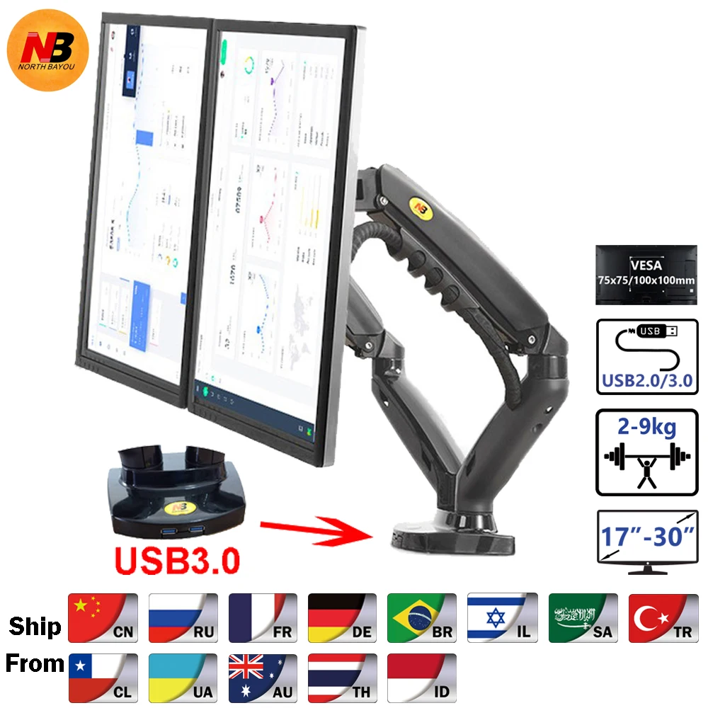 Supporto Doppio Monitor Con Vassoio Laptop - Regolabile Per Schermi 17-32" E PC Fino 15", Carico 9kg