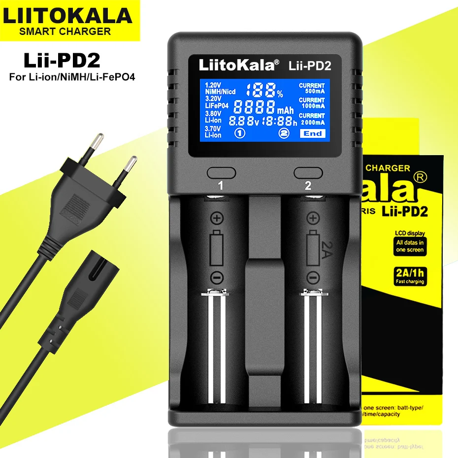 

Liitokala Lii-PD2 Lii-PD4 LCD 3.2V 3.7V 3.8V 1.2V 25500 18650 18350 26650 20700 14500 NiMH Lithium LiFePO4 Battery Charger