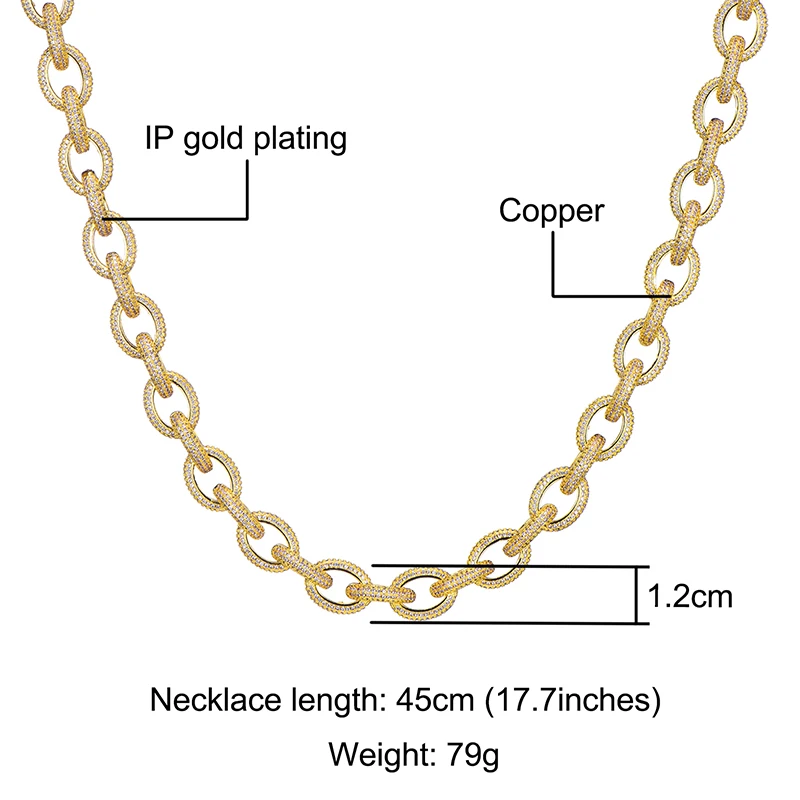 Hip Hop 12MM Iced Out AAA CZ Twisted Oval Cuban Link Chain Necklace Big Clasp Gold Silver Color Zircon For Men Copper Jewelry