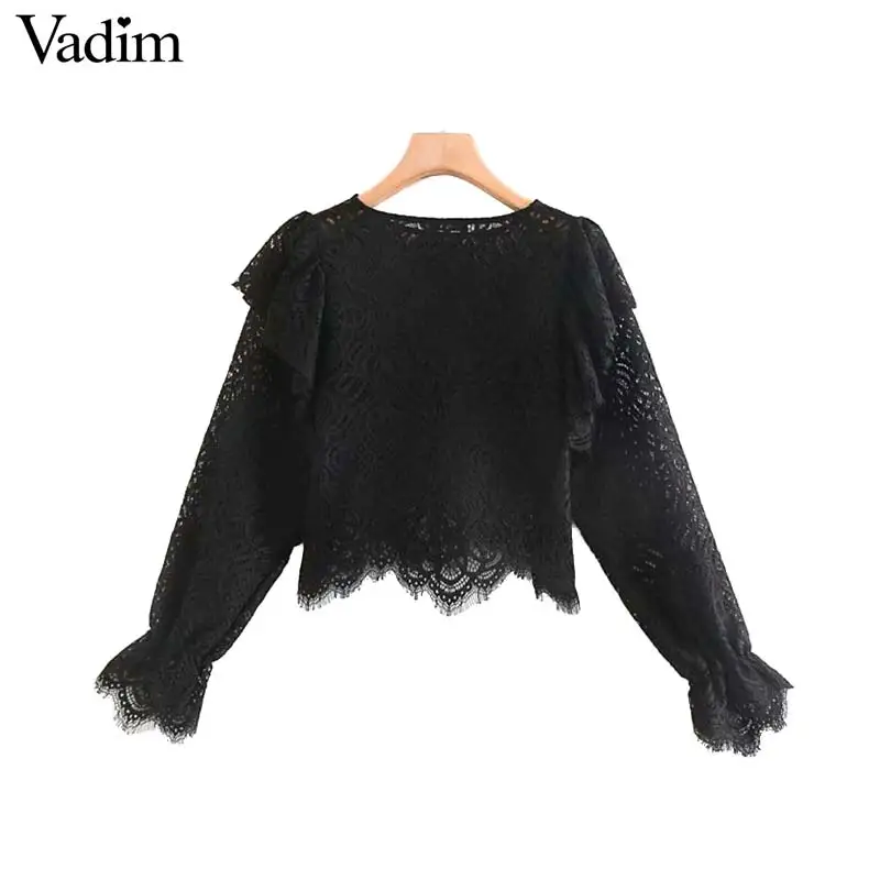 Vadim women vintage lace design blouse long sleeve ruffles see through shirt female stylish tops blusas LB632