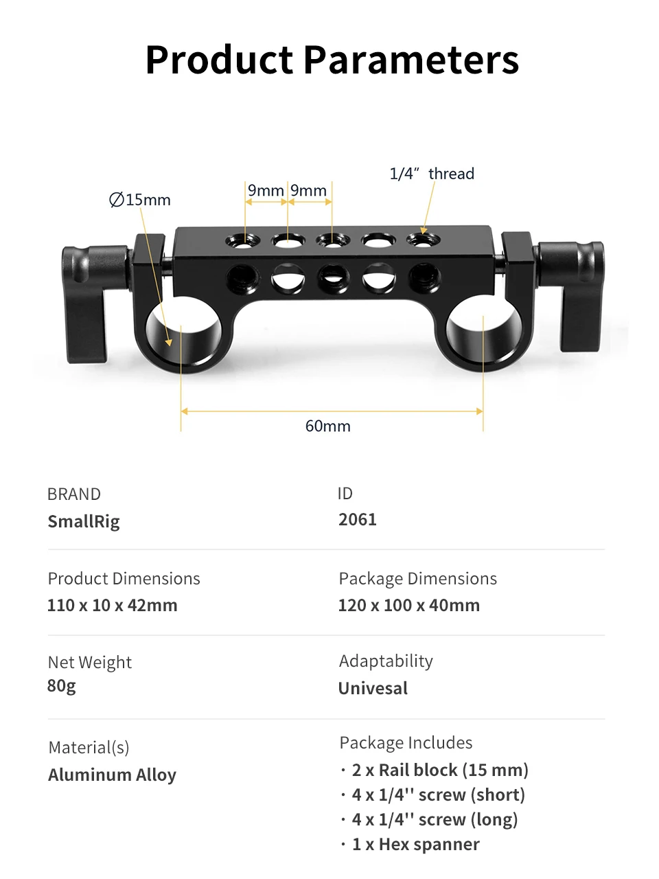 Lightweight 15mm Railblock Rod Clamp w 1/4"-20 Thread for Sony and Other 15mm DS