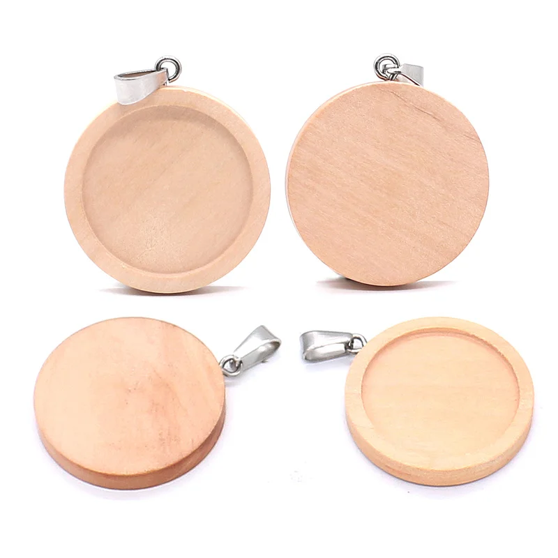 10pcs/lot 25mm Inner Size Wood and stainless steel hook Classic Simple Style Cabochon Base Setting Charms Pendant Jewelry Making