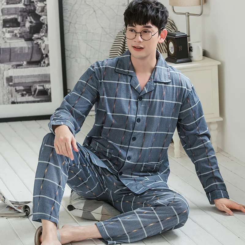 

501 # Two Color Thread Lattice Cardigan Y Men Long Sleeve Casual Tracksuit Pajamas Two-Piece Set Series