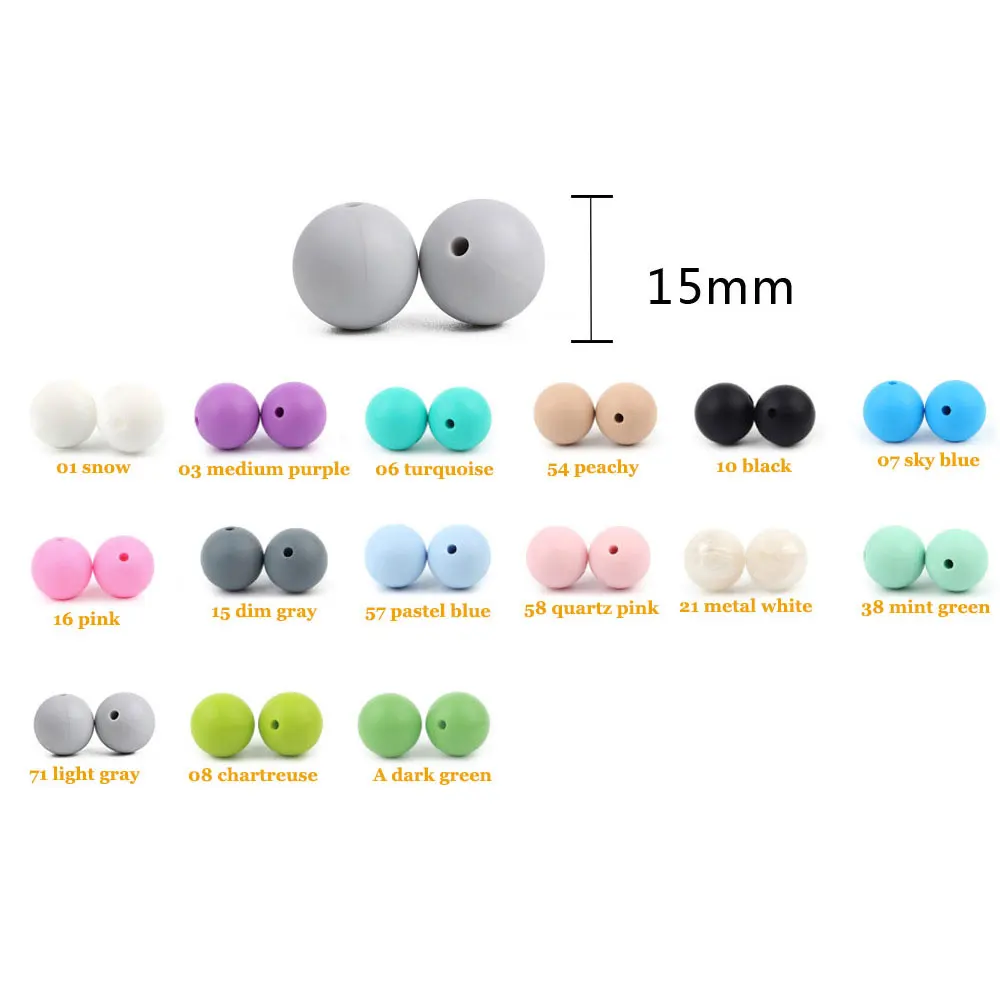 100Pcs Round Silicone Beads 15mm Loose Bead For Jewelry Making Baby Teething Toy Food Grade DIY Chew Teething Necklace Beads