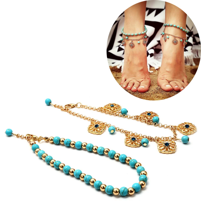 2Pcs/set Unique Green Howlite Bead Flower Pendant Color Chain Anklet Souvenir Ankle Bracelet Foot Jewelry 2Pcs/set Unique Green Howlite Bead Flower Pendant Color Chain Anklet Souvenir Ankle Bracelet Foot Jewelry