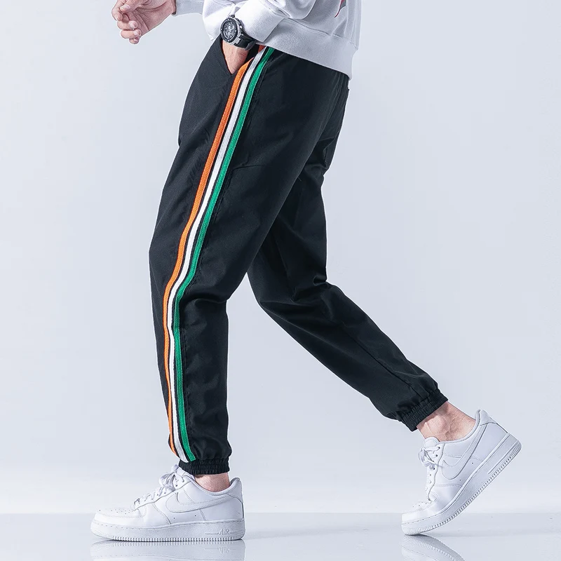 Трендовые мужские брюки с боковой полосой Pantalones Hombres эластичной талией Черные