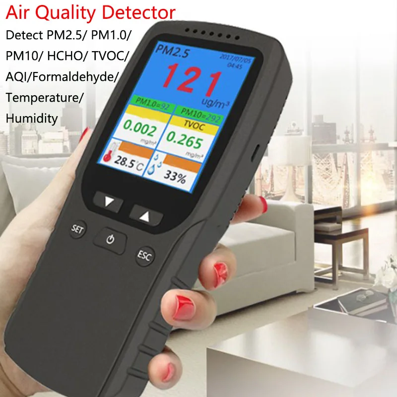 

2020 8 In 1 Air Quality Detector TVOC Formaldehyde HCHO Monitor Tracks PM2.5 PM1.0 PM10 Temperature Humidity Home Gas Tester
