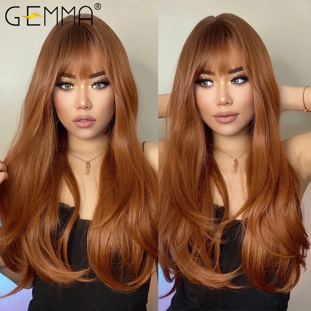GEMMA Red Brown Copper Ginger Long Straight Synthetic Wigs for Women Natural Wave Wigs with Bangs Heat Resistant Cosplay Hair LC028-1