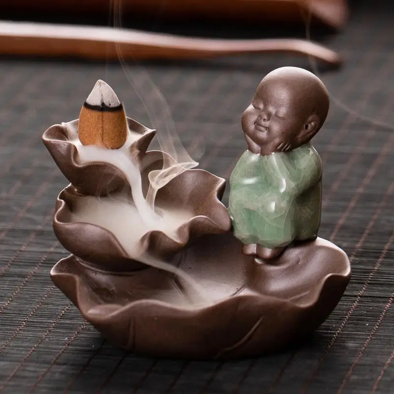 

Creativity Little Monk Ceramic Stick Incense Holder Lotus Smoke Backflow Incense Burner Aromatherapy Buddha Censer Home Decor