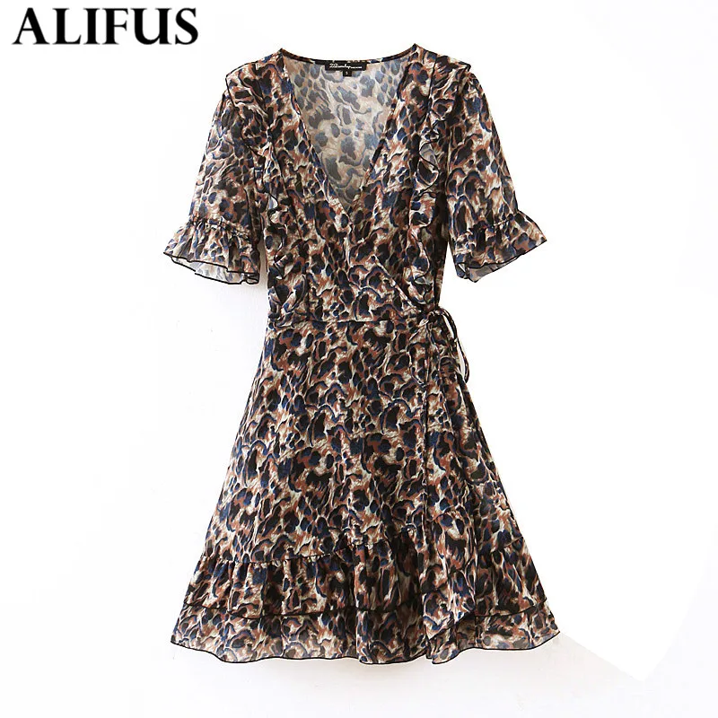 

" Fashion Za Women's dress 2019 Chiffon Vintage Floral Print Chic V-neck Short Sleeve Mini Dresses Female Ladies Vestidos "