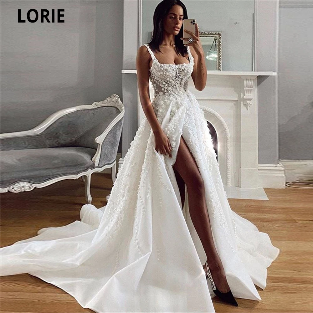 

Свадебные платья LORIE Dream, кружевное пляжное платье с аппликацией для невесты, атласные элегантные вечерние платья принцессы с открытой спиной, на бретелях-спагетти, 2020
