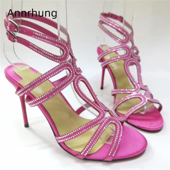 

Jeweled Narrow Band Fretwork Sandals Women Luxury Satin Strappy Sexy Cut Outs Rhinestone Netted Party Shoes Woman