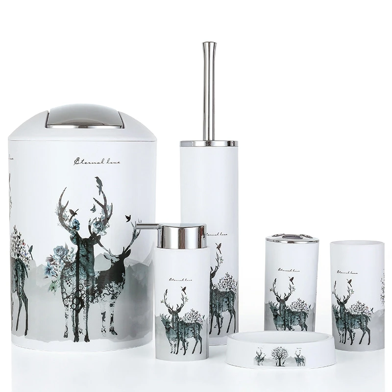 

Nordic 6Pcs/Set Printing Bathroom Accessory Set Lotion Dispenser Toothbrush Holder Tumbler Cup Soap Dish Toilet Brush Trash Can
