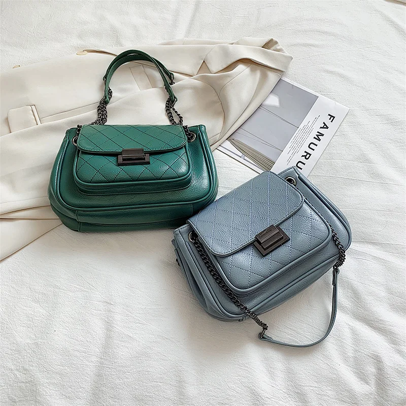 Casual Green Chain Shoulder Bags for Women Fashion Designer Luxury Brand Purses and Handbags PU Leather Small Cross Body Bag