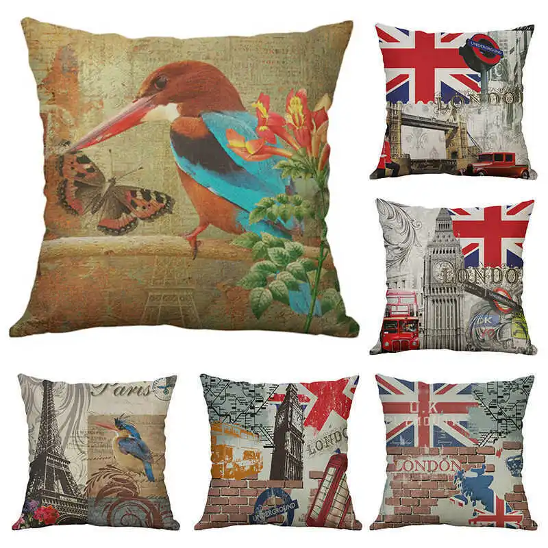 

Cotton Linen Pillow Cases Cushion Cover Home Decor Knit Printed tower horologe