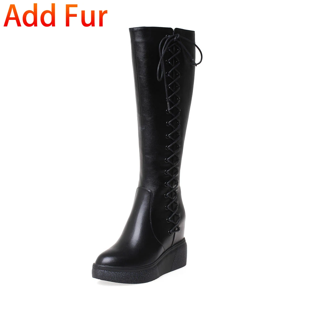 black add fur BONJOMARISA/Новинка 32-40, качественные сапоги до колена из натуральной кожи женские черные ботинки из органической кожи на шнуровке г. Женская обувь, увеличивающая рост - Цвет: black add fur