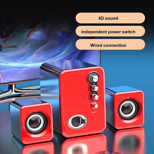 Computer Audio USB 2.1 Multimedia Bluetooth Overweight Subwoofer Desktop Home Speaker Wired Universal Audio Upgrade wired Red