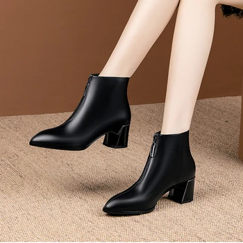 

High Heeled genuine leather Women boots Autumn Winter Warm Basic Shoes Zipper Vintage Boots Ankle Boots Shoes Woman size 42 43
