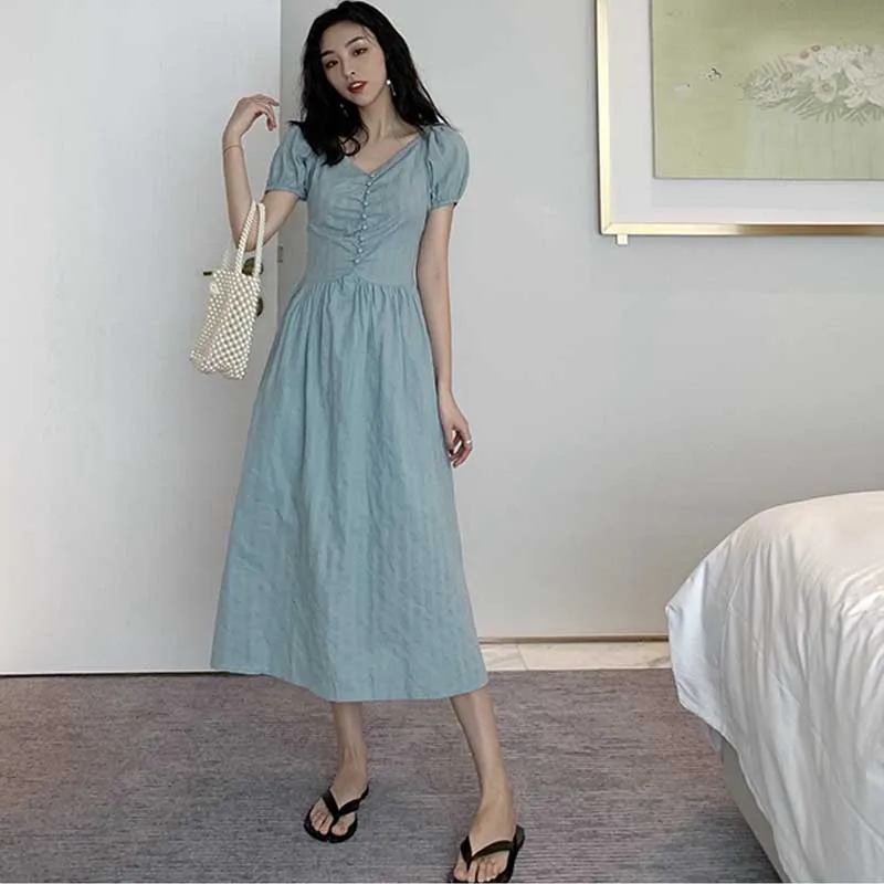 Women Dress One-Piece French Vintage Chiffon Elegant V-Neck Puff Sleeve Dress Korean Fashion Sundress Female Dress Vestidos 2020