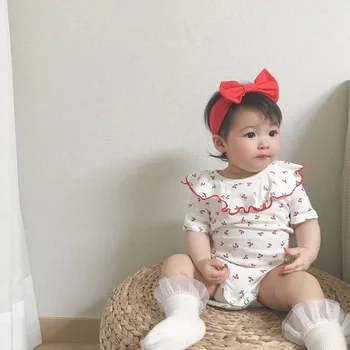 

Children's Bodysuit 2020 New Korea Baby Clothing Summer Lotus Leaf Collar Cherry Triangle Bodysuit (with Hair Band)
